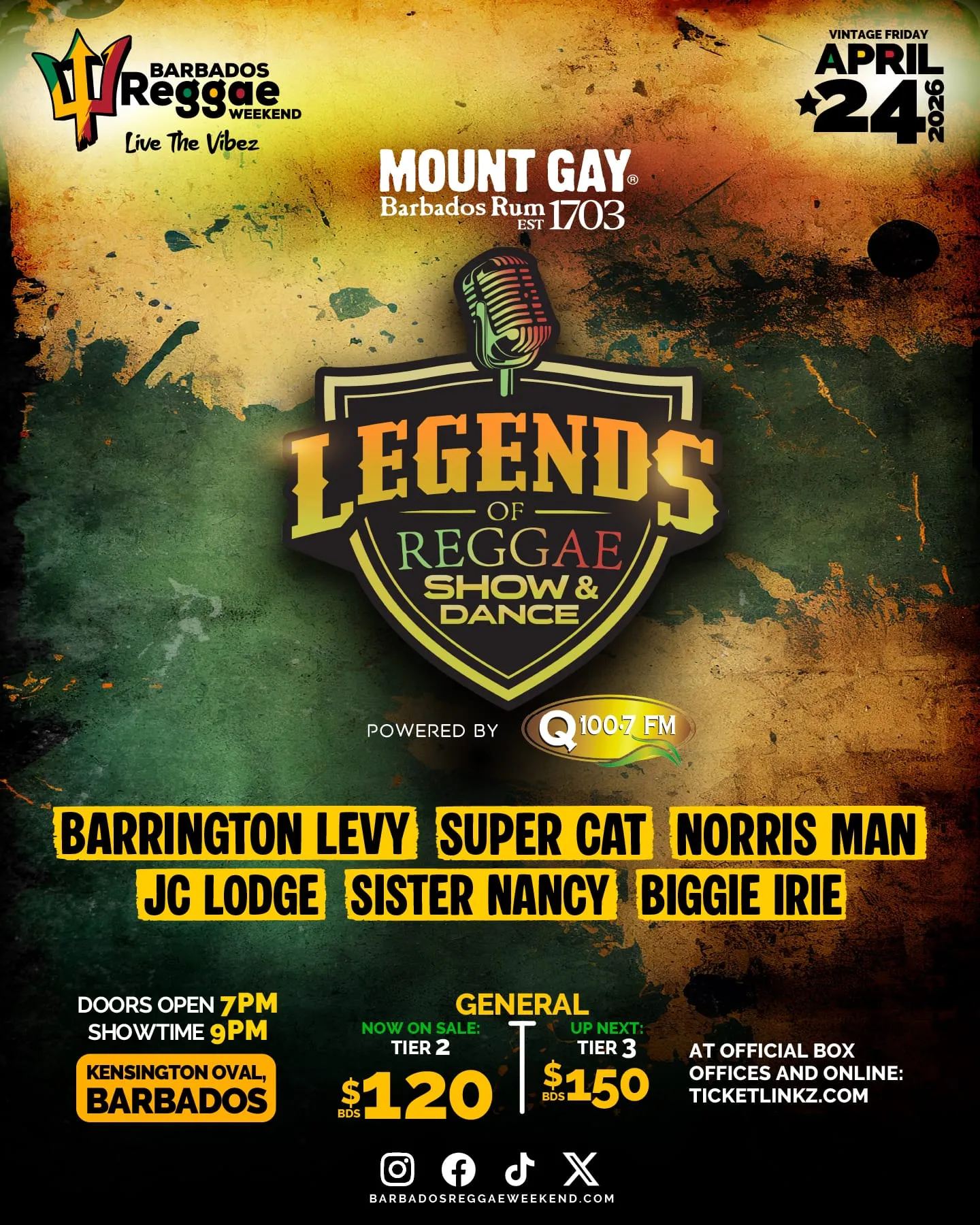Barbados Reggae Weekend presents the Mount Gay Legends of Reggae Show & Dance powered by Q100.7 FM